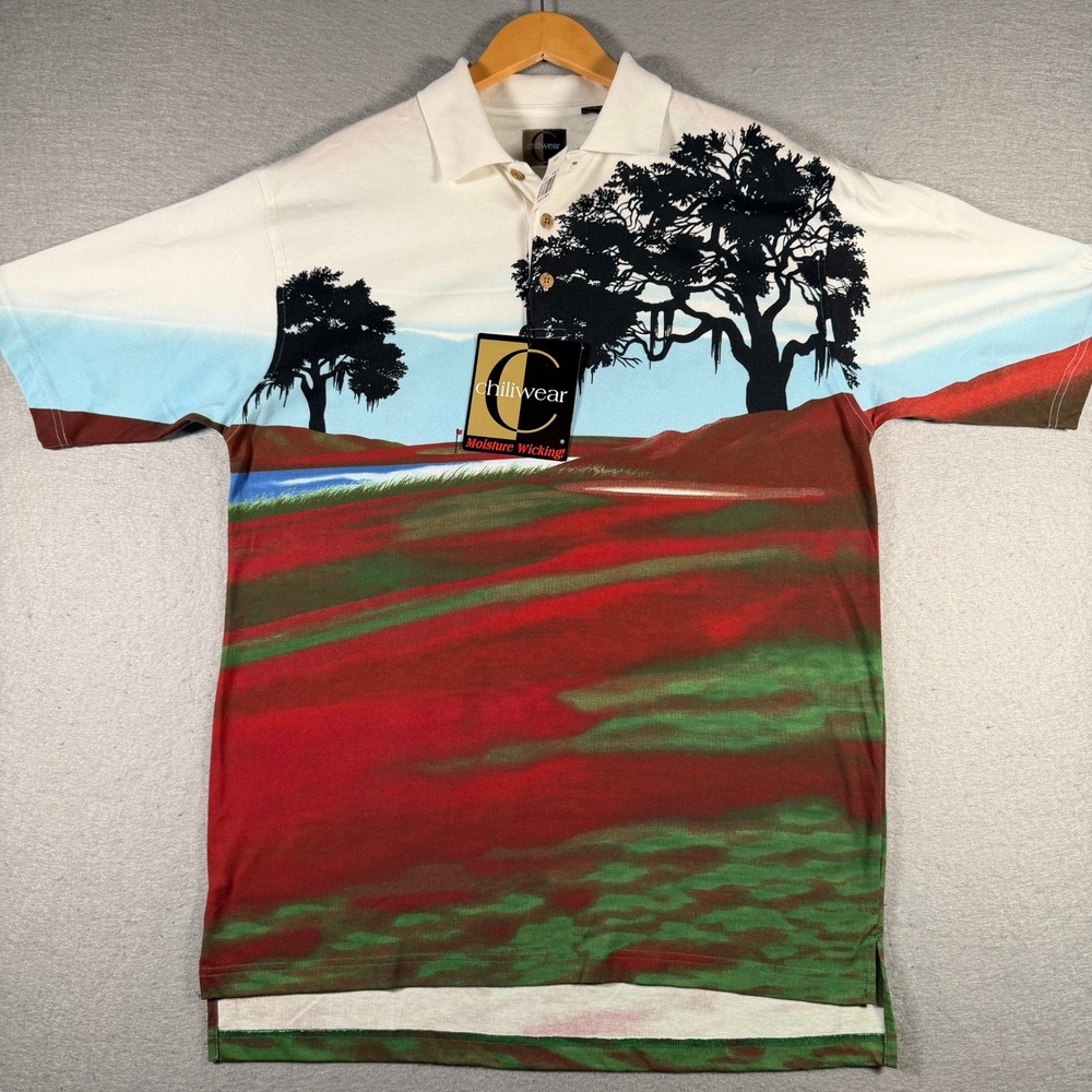 Chiliwear Mens Scenic Golf Course Polo Shirt Moisture Wicking All Over Print NWT